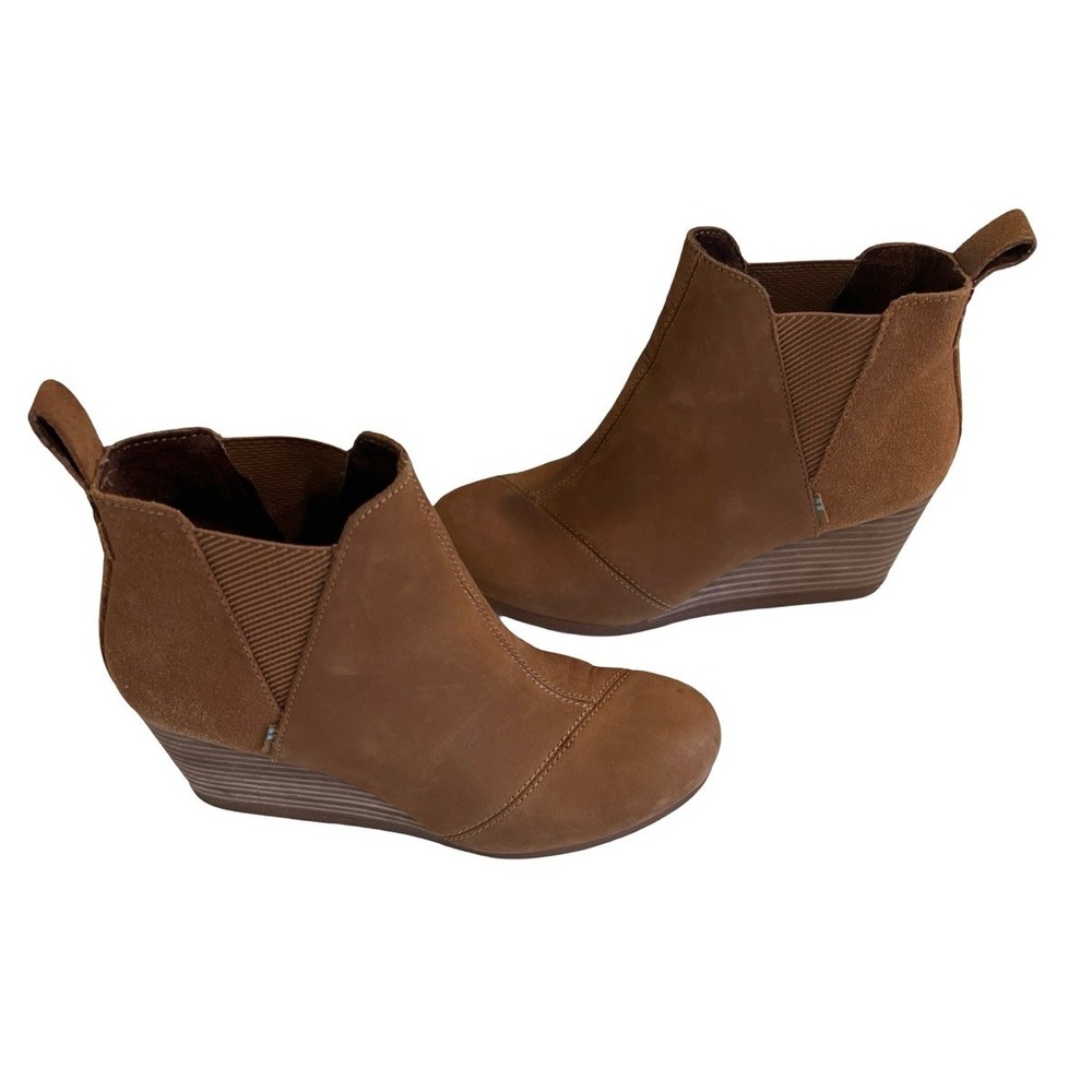 TOMS Kala‎ Chelsea Slip-On Leather/Elastic Wedge Bootie US 7 Tan Oiled Nubuck